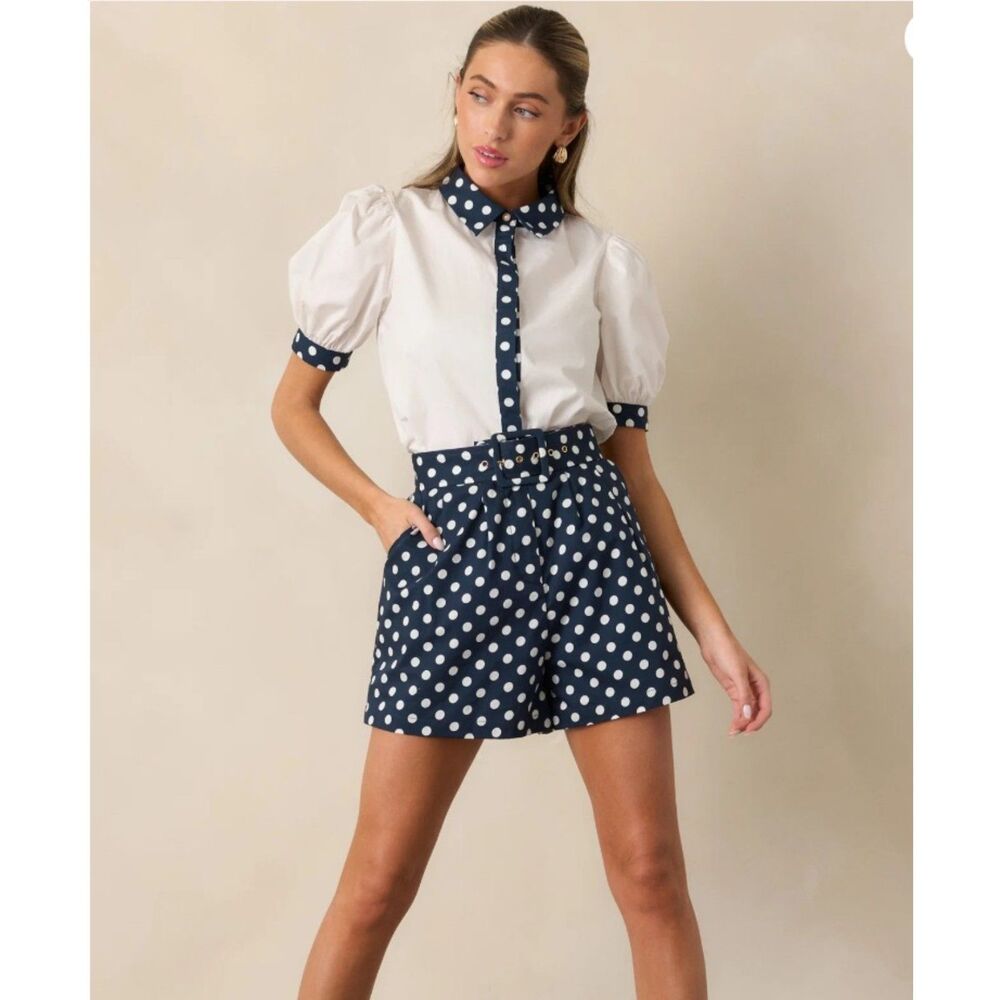 Prosperina Colleen Navy Polka Dot Cotton Classic Shorts Size XS